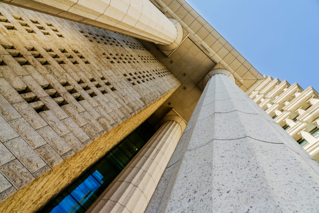Grey marble column details on building in Shanghai,China.