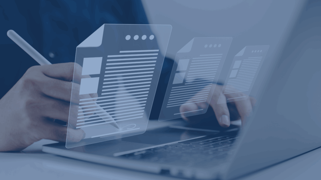 A business man working on his laptop with files overlayed on the image