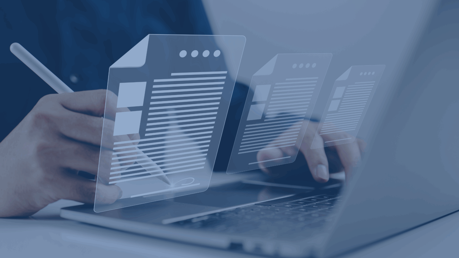 A business man working on his laptop with files overlayed on the image