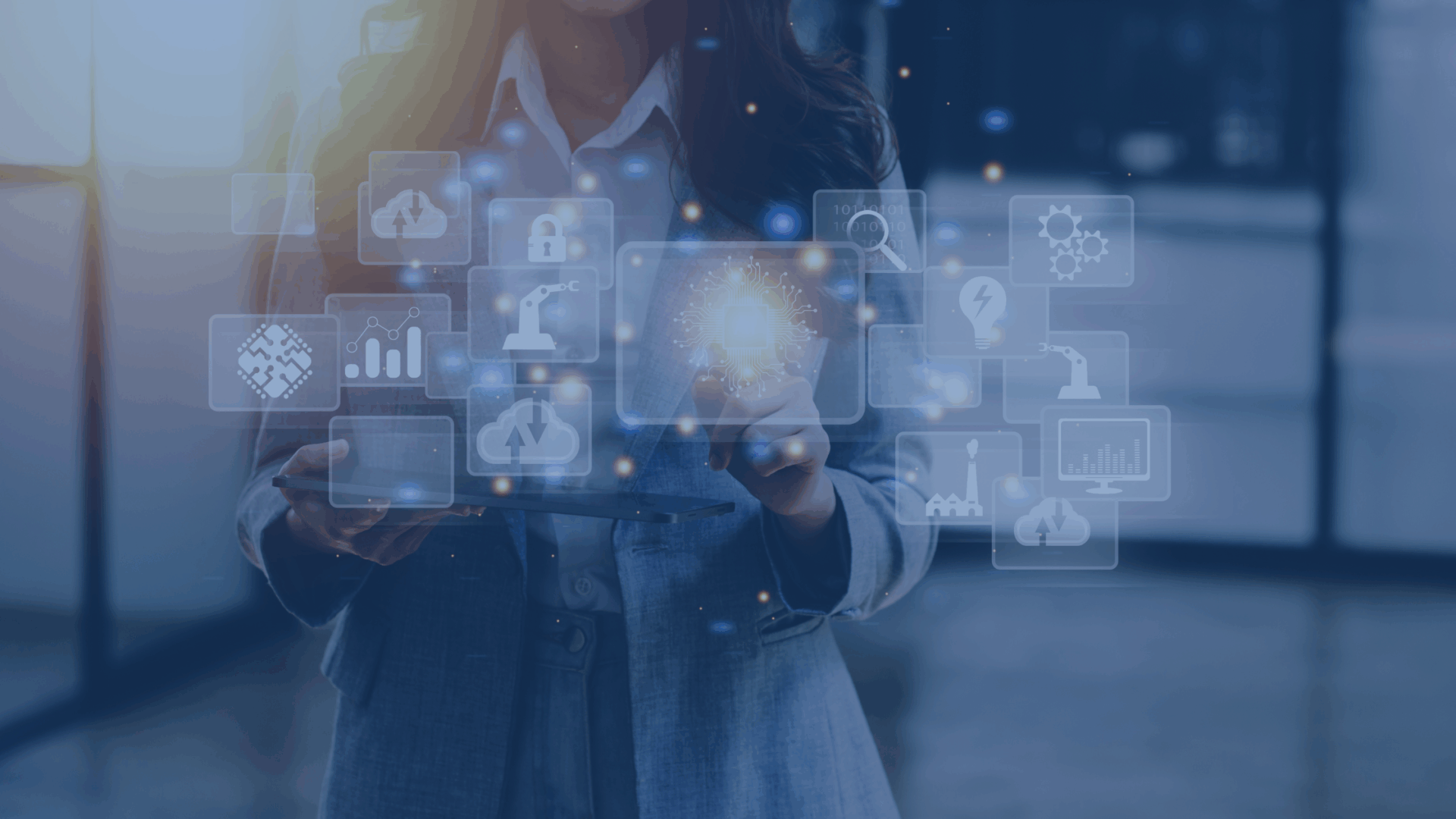 A businesswoman ensuring that files on her tablet are safe and follow procedure with the safety overlayed