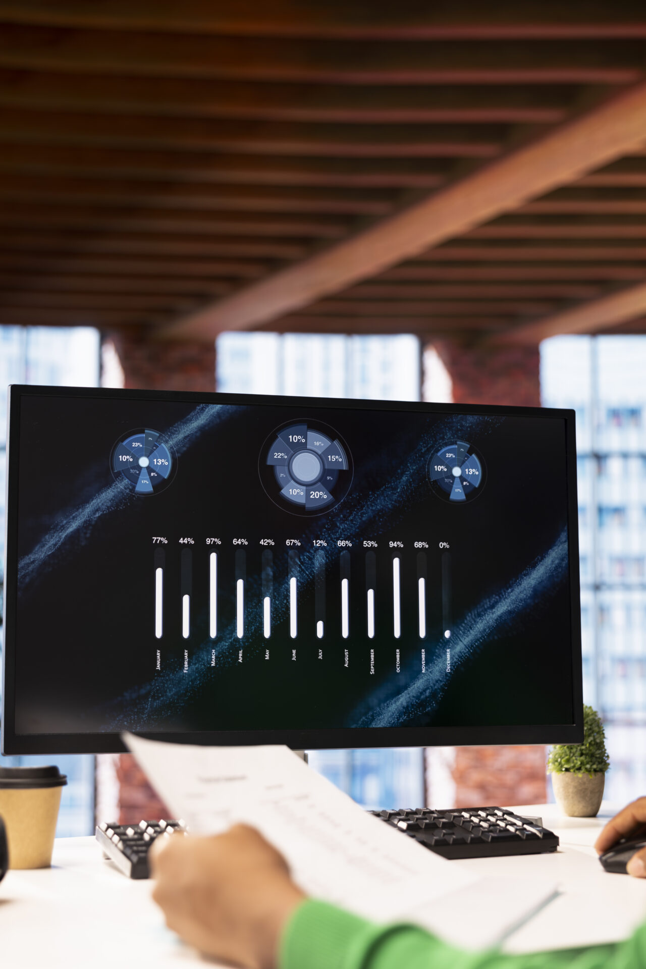 Remote employee doing online learning for career business development, looking at notes while watching presentation. Teleworker in home office gathering information from internet seminar